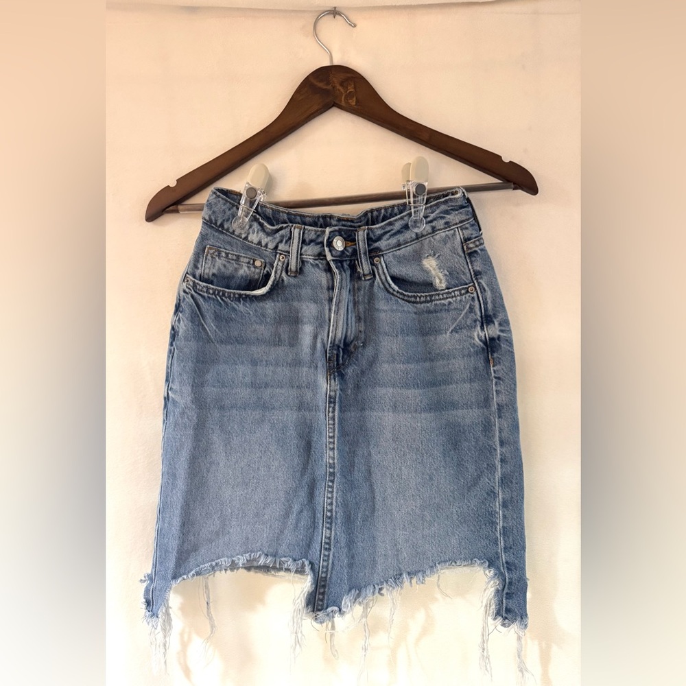 High Waisted Distressed Hem, Above The Knee Denim Skirt